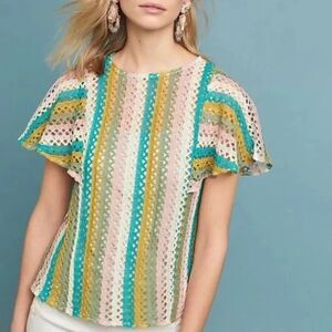 Anthropologie x Eva Franco Flutter Sleeve Top Crochet Knit Blouse size M
